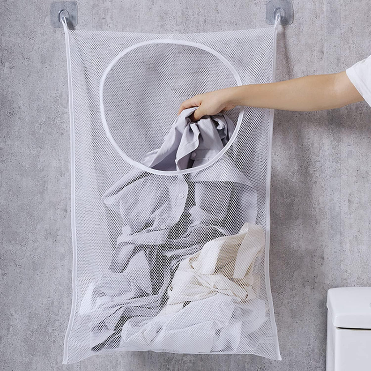 Hanging Laundry Hamper Bag, 2 Pack Over The Door Hanging Laundry Bag, 30 x 20 Inch Large Foldable Mesh Laundry Basket with 4 Adhesive Hooks for Dirty Clothes Organization and Storage