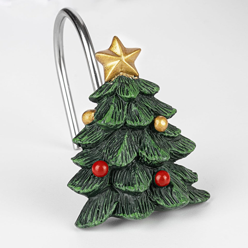 Sunlit Christmas Tree Decorative Shower Curtain Hooks with Star, Green Shower Curtain Rings, Resin, Xmas Theme Winter Holiday Bathroom Decoration, Set of 12