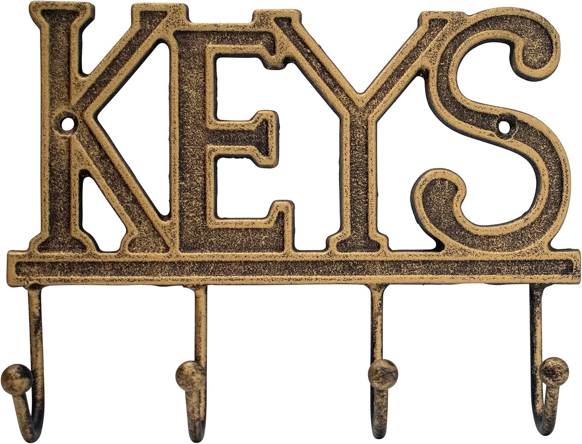 Stephanie Imports Rustic Cast Iron Keys Holder with 4 Key Hooks for Wall Mount (Antique Gold)