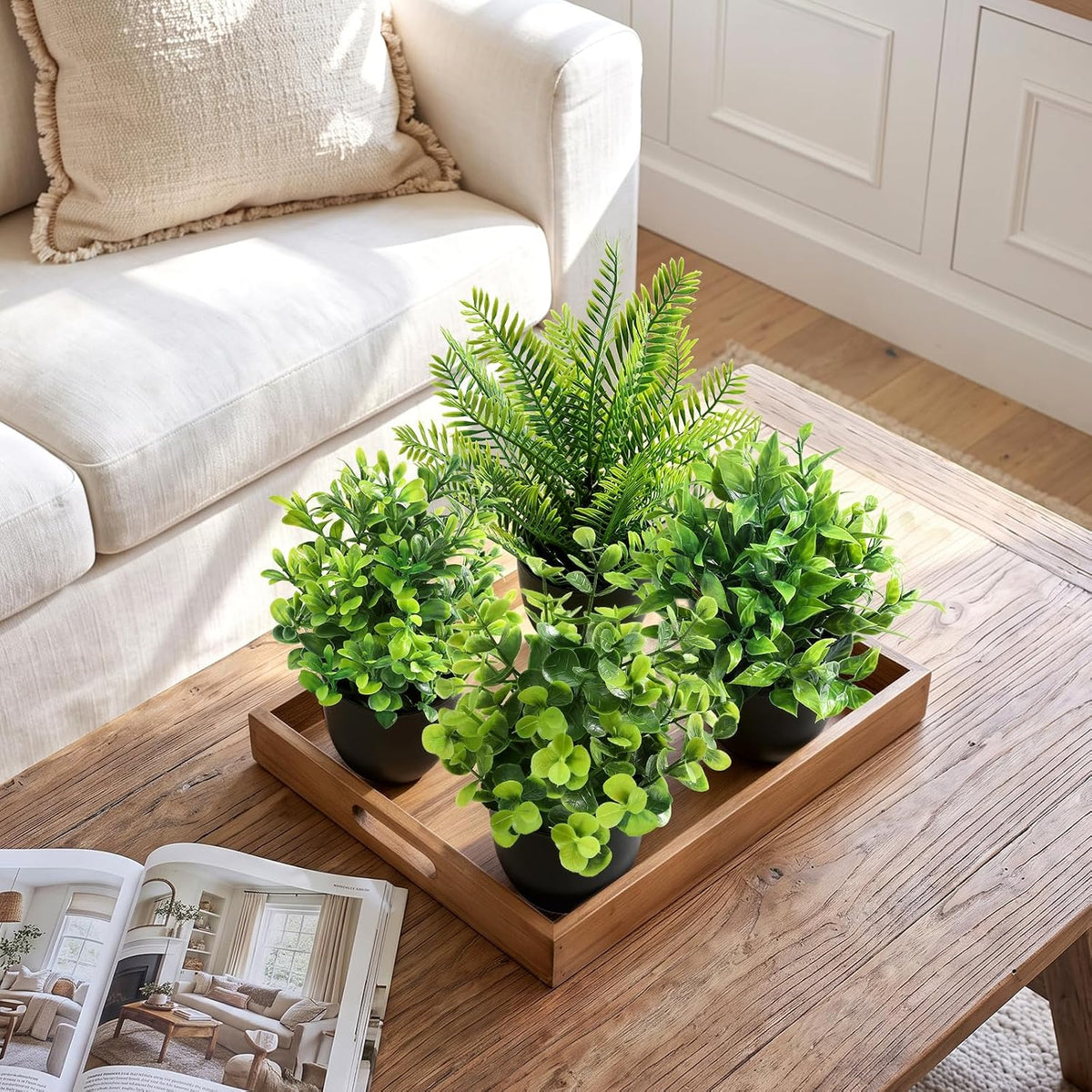 4 Pack Small Fake Plants in Black Pots Fern Eucalyptus Mix
