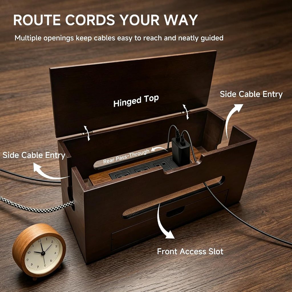 Cable Management Box with Storage Drawer, Wooden Cord Organizer Box