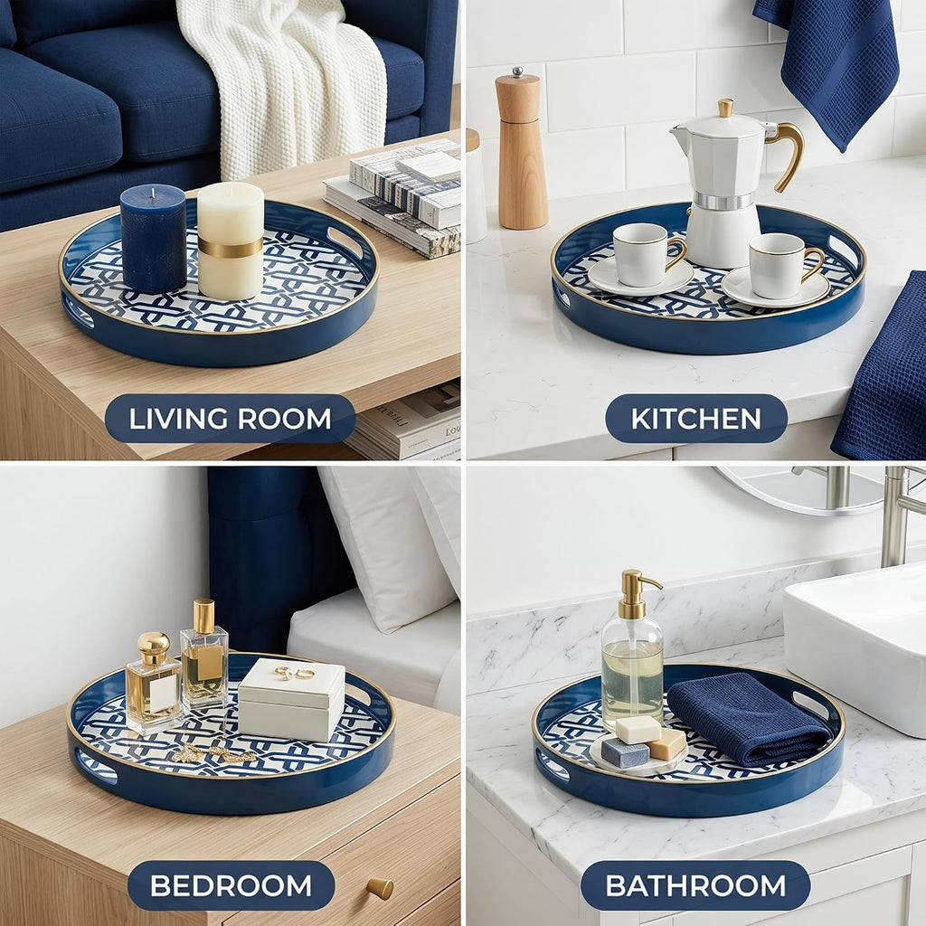 Spsyrine Round Plastic Geometric Serving Tray for Bathroom, Kitchen