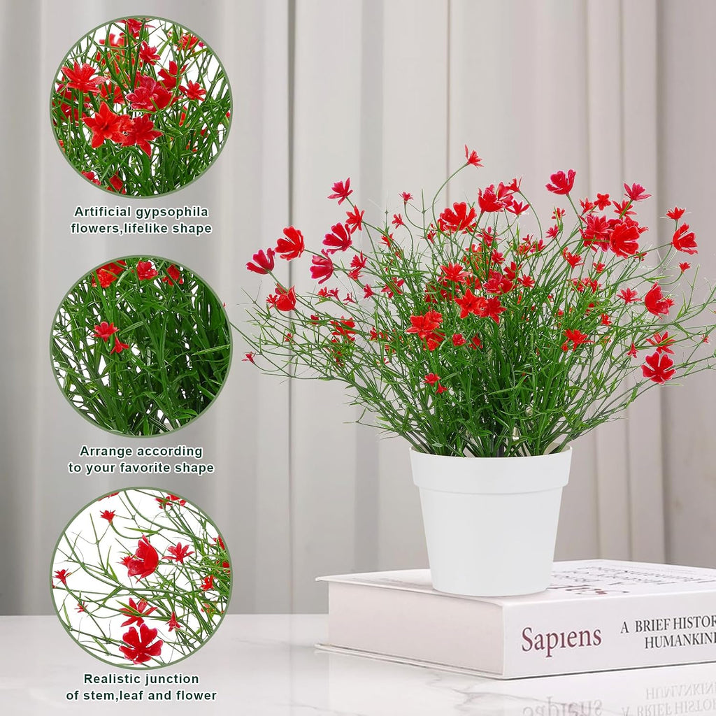 Artificial Babys Breath Potted Fake Plants with Flowers Faux Plants Indoor for Home Office Bookshelf Table Room Decor (Red)