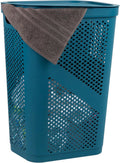 Mind Reader Slim Laundry Hamper with Lid, 60L Clothes Basket, Ventilated Plastic, Blue