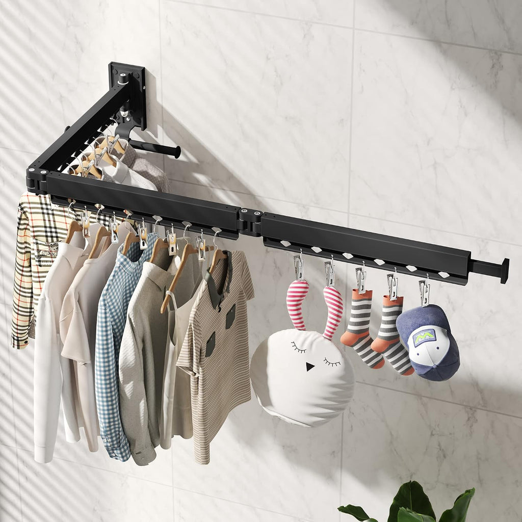 BOQORAD Clothes Drying Rack,Wall Mounted Laundry Rack,Drying Rack Clothing,Laundry Drying Rack Wall Mount,Retractable Clothes Rack,Collapsible,Windproof Holes,with Clips,Black Color