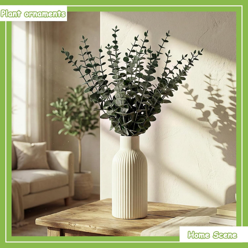 LemonRoad 2 Pack Artificial Eucalyptus Stem in Ceramic Vase 19" Fake Greenery Plants for Home Decor 40 Pcs Modern Indoor Fake Eucalyptus Stem for Table Centerpiece Living Room Bathroom