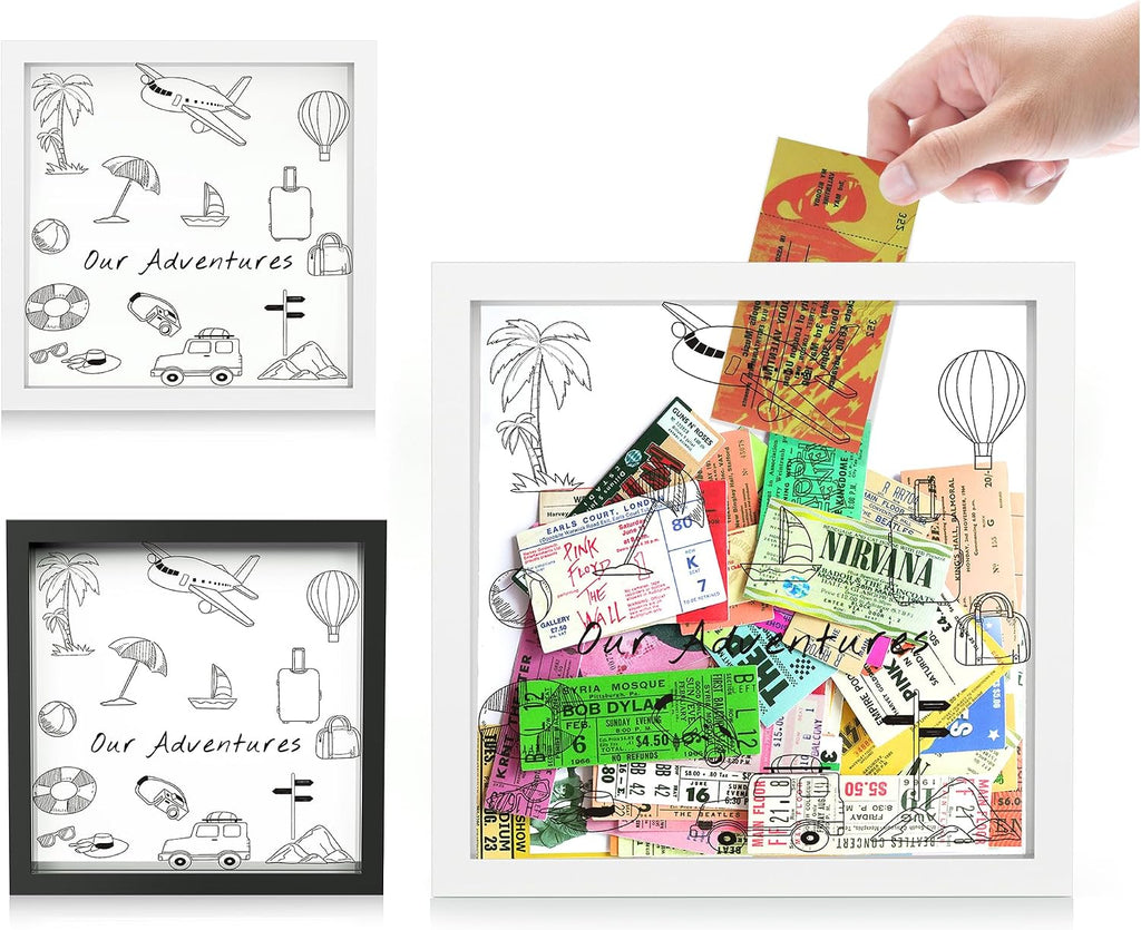 Jackma Travel Tickets Collection Shadow Box Frame, Funny Display Box for Collecting Tickets of Sporting Travelling Events – Piggy Bank Frame Memory Box with Slot on Top, White 12x12”