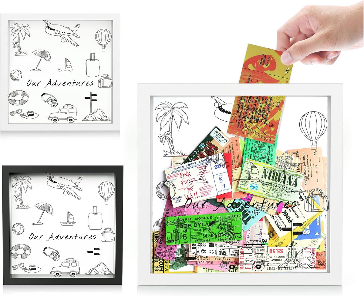 Jackma Travel Tickets Collection Shadow Box Frame, Funny Display Box for Collecting Tickets of Sporting Travelling Events – Piggy Bank Frame Memory Box with Slot on Top, White 12x12”