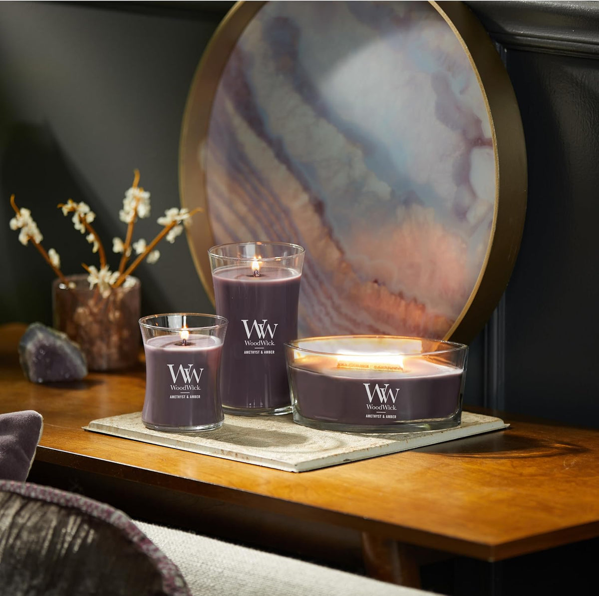 WoodWick Amethyst & Amber Gifts for Women and Men, 9.7 oz Medium Hourglass Candle with Crackling Wick (Pack of 4)