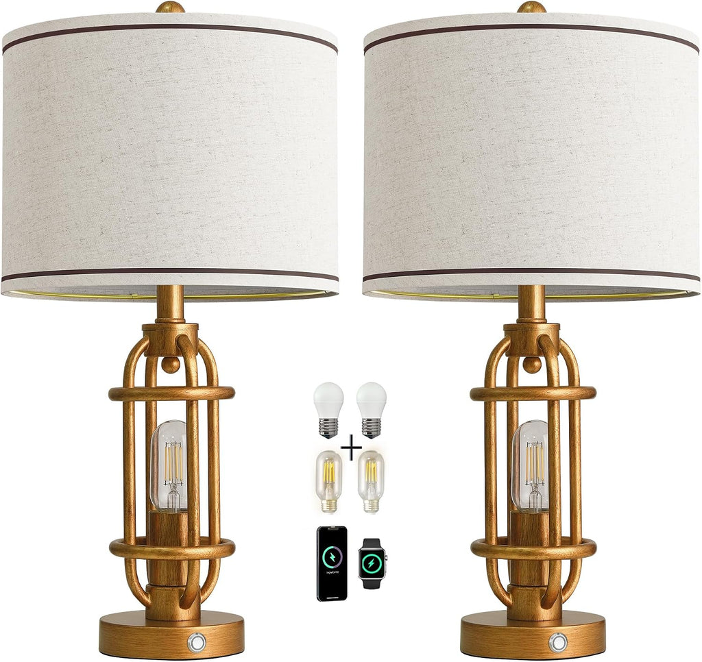 G-SAFAVA 23.75'' Table Lamps Set of 2 for Living Room Bedroom Industrial Farmhouse Metal Touch Lamps with USB A+C Ports, Night Light Vintage Nightstand Bedside Lamp, Bulbs Included, Antique Gold