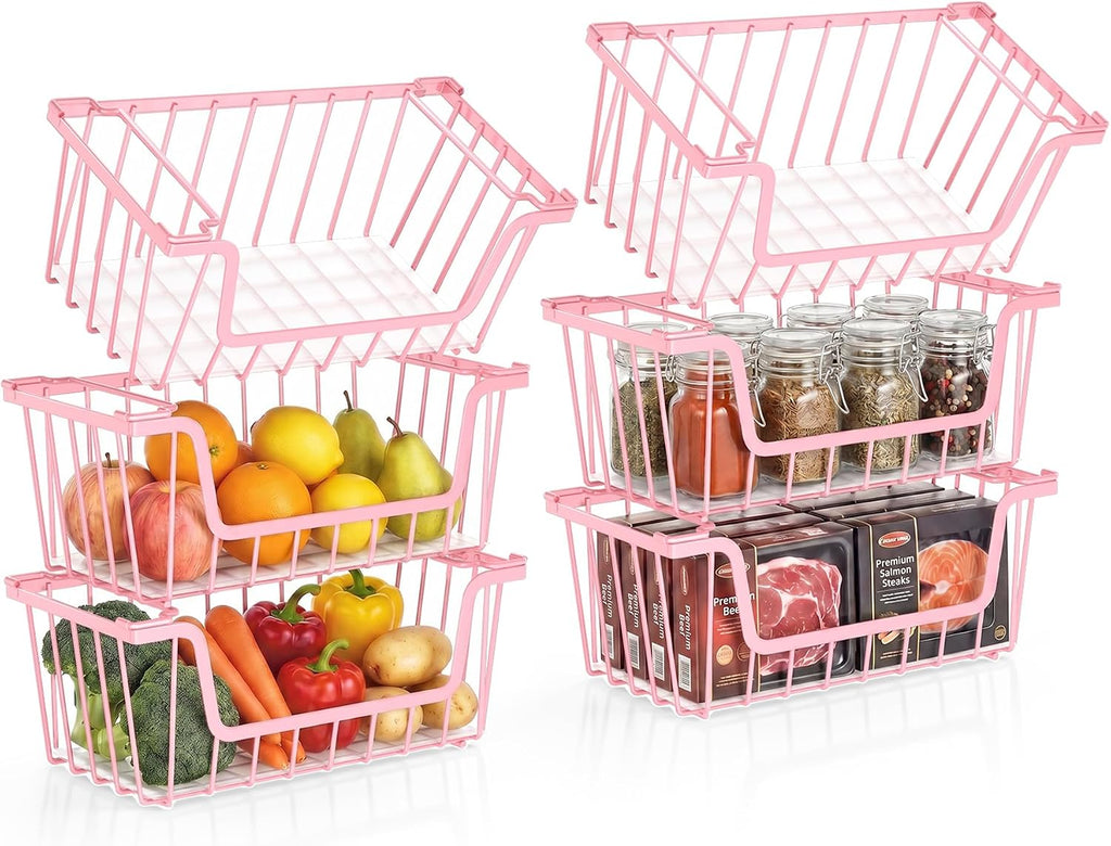 SUNALLY Stackable Storage Bins 6 Pcs Wire Baskets Freezer Organizer, Pink