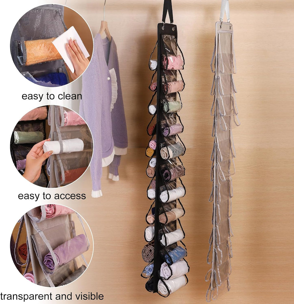 Legging Organizer for Closet Hanging 20 Pockets, Clear Hanging Legging Organizer Closet, Oxford Cloth Legging Storage for Wardrobe Behind Door(2Pack*Black)
