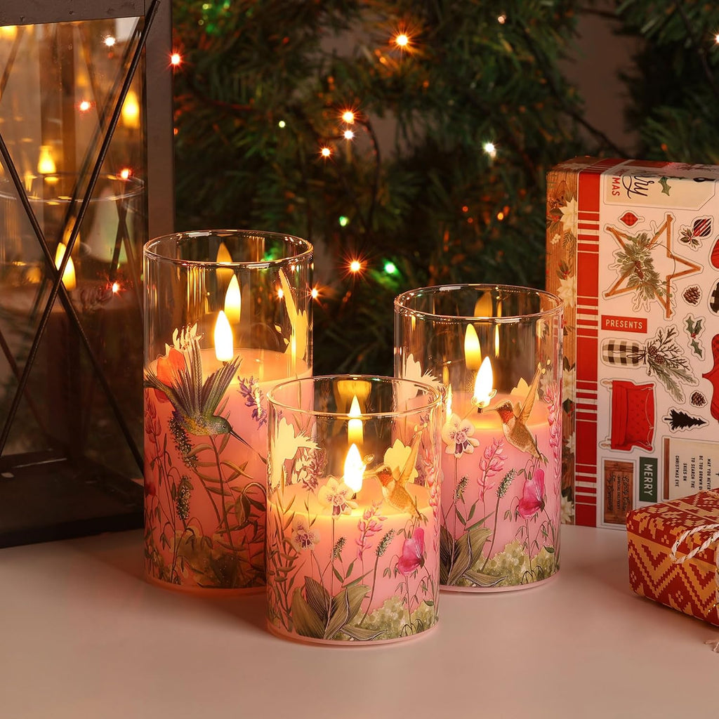 Pink Hummingbird Floral Glass LED Candles with Remote Set of 3