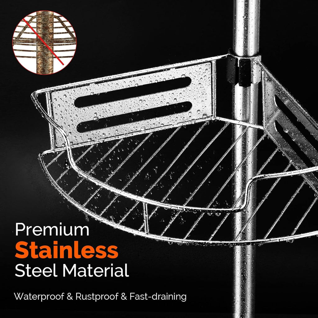 HAMITOR Shower Caddy Tension Pole, 4 Tier Corner Shower Shelves - Silver