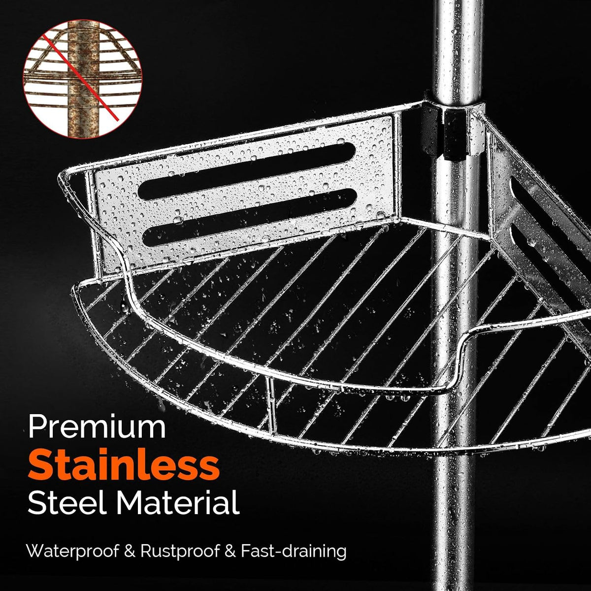 HAMITOR Shower Caddy Tension Pole, 4 Tier Corner Shower Shelves - Silver
