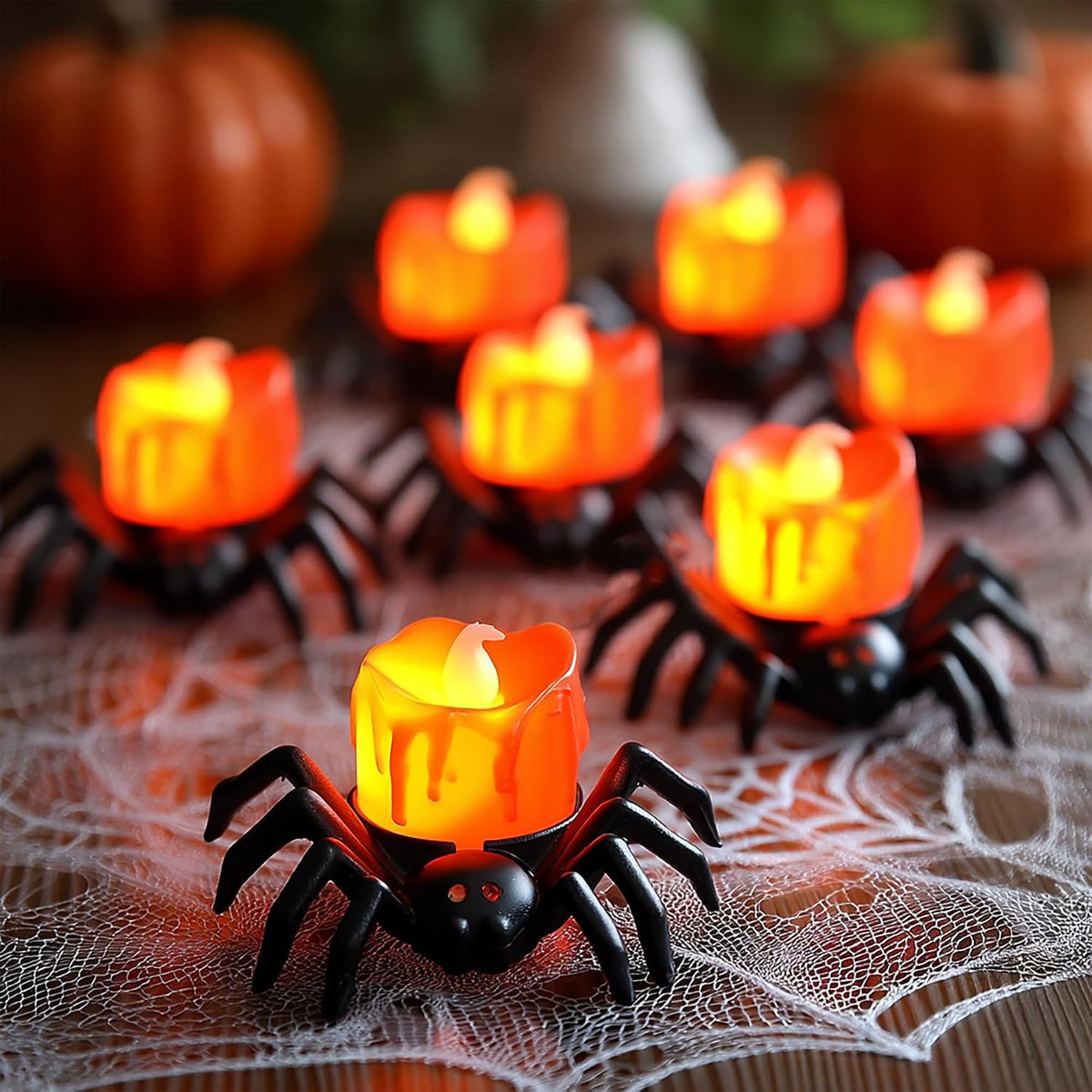 Dazzle Bright 12 Pack Halloween Spider Tea Lights Candles, Battery Operated LED Flameless Spider Candles Holder Lights, Spooky Halloween Decorations for Party Table Home Decor