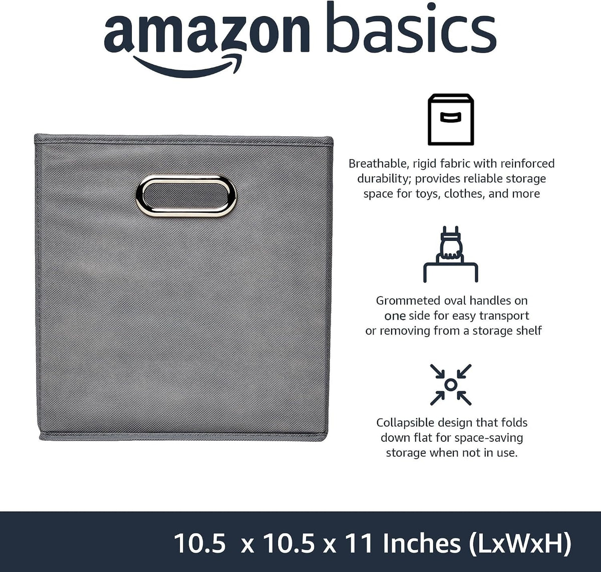 Amazon Basics Collapsible Cube Storage Bins, Space-Saving, Organizing Fabric Bins with Handles, 10.5 x 10.5 x 11 inches, Light Grey, 6-Pack