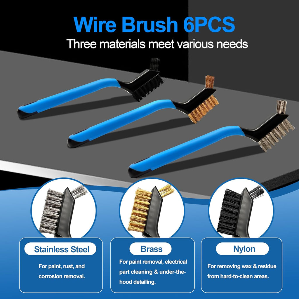 Mini Wire Brush Set 6Pcs - Nylon/Brass/Stainless Steel Bristles