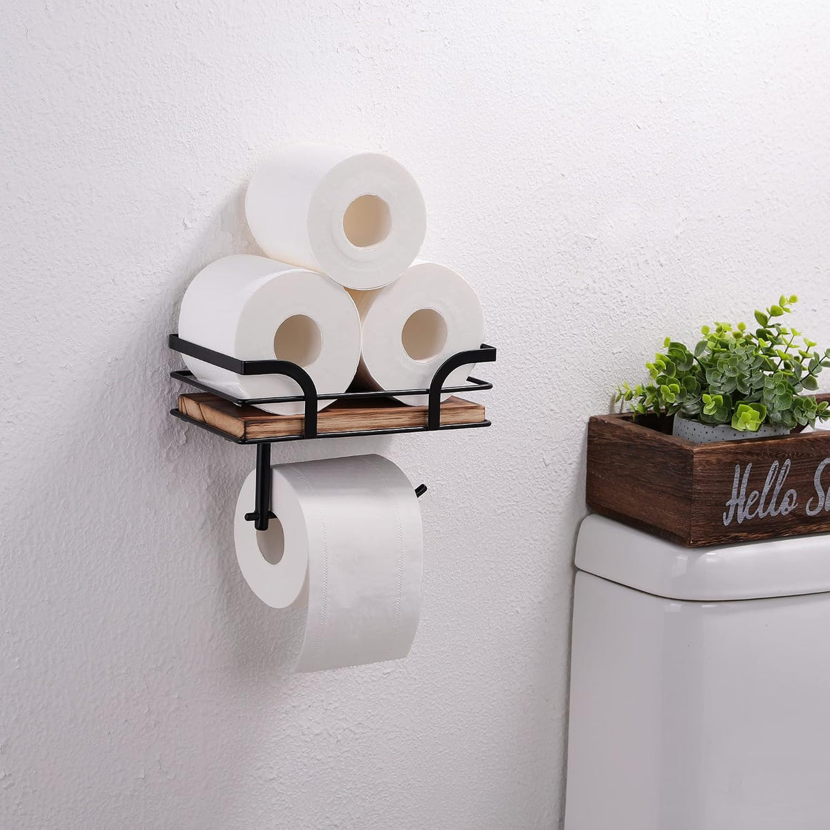 Toilet Paper Holder with Shelf - Farmhouse Bathroom Rustic Country Decor