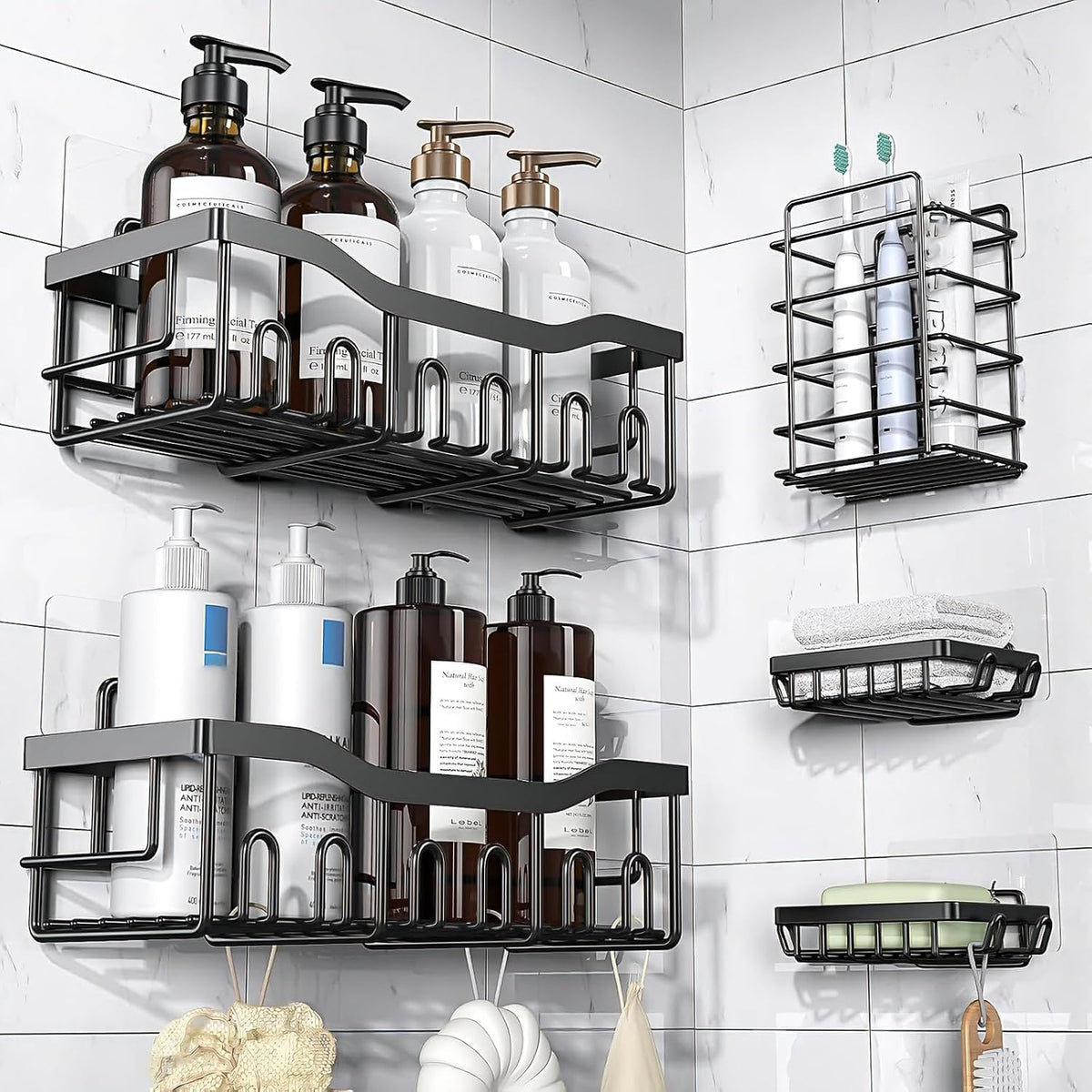 Shower Caddy Adhesive Replacement Hooks, Strong Waterproof Strips, No Drilling for Bathroom Shelves, Kitchen Racks, and Soap Holders (Transparent-14 Pack)