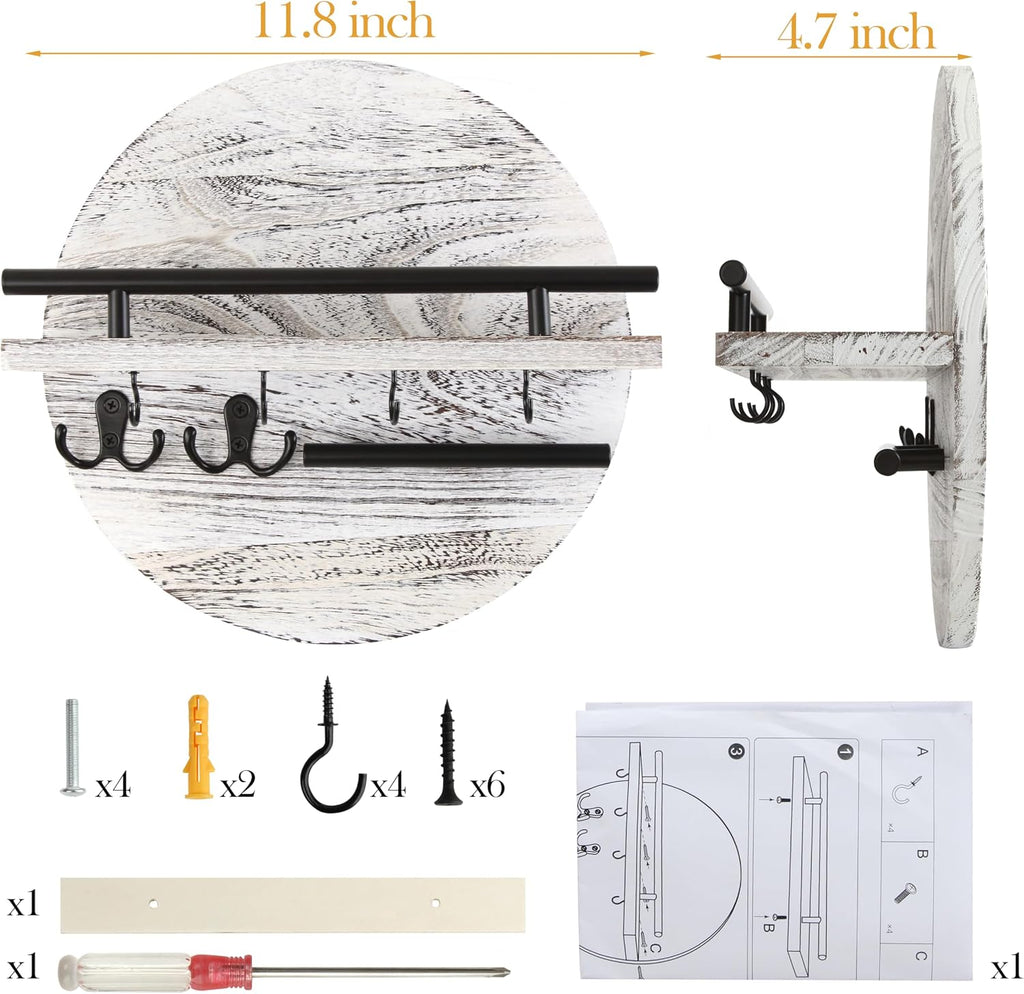 Gurfuy Key Holder for Wall with Shelf - Wood Mail Organizer and Rack with Shelf Hooks Wall Mounted for Entryway Decor Magazines Letter Storage Farmhouse Living Room Bedroom Doorway (White)