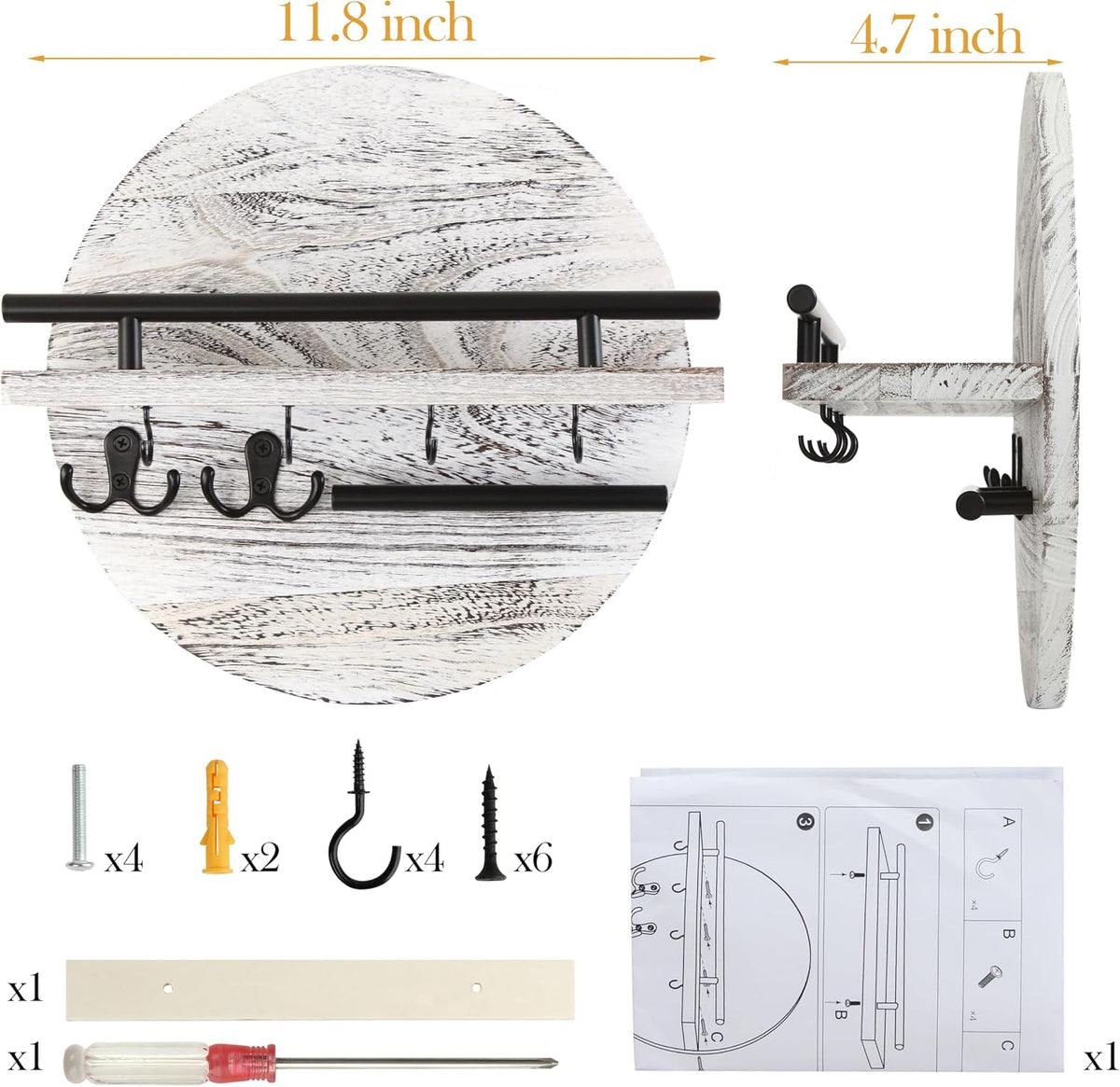 Gurfuy Key Holder for Wall with Shelf - Wood Mail Organizer and Rack with Shelf Hooks Wall Mounted for Entryway Decor Magazines Letter Storage Farmhouse Living Room Bedroom Doorway (White)