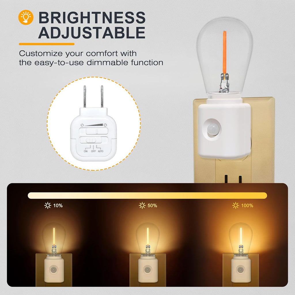 Night Light, Automatic Night Lights Plug into Wall, 2200K Amber Adjustable Brightness, Night Light Plug in with Motion Sensor for Bathroom Hallway Room, I-Type, 2-Pack