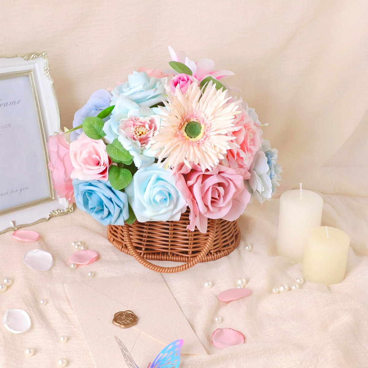 Blue Pink Artificial Flowers Combo, Roses Fake Flowers with Stems Wedding Pastel Flowers for Decorations DIY Bouquets Centerpieces Floral Arrangements Decor