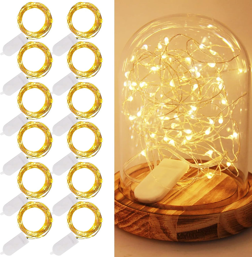 WATERGLIDE 12 Pack Fairy Lights Battery Operated (Included), 7 ft 20 LED Mini String Lights, Waterproof Silver Wire Firefly Starry Lights for DIY Wedding Christmas Party Mason Jars Decor, Warm White