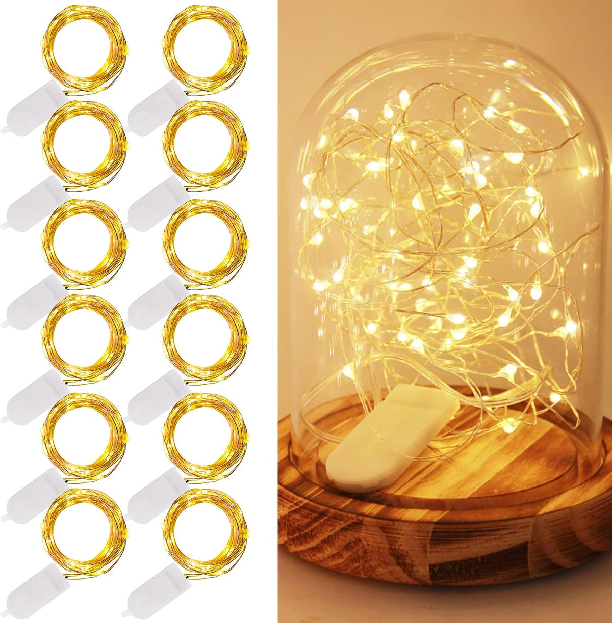 WATERGLIDE 12 Pack Fairy Lights Battery Operated (Included), 7 ft 20 LED Mini String Lights, Waterproof Silver Wire Firefly Starry Lights for DIY Wedding Christmas Party Mason Jars Decor, Warm White