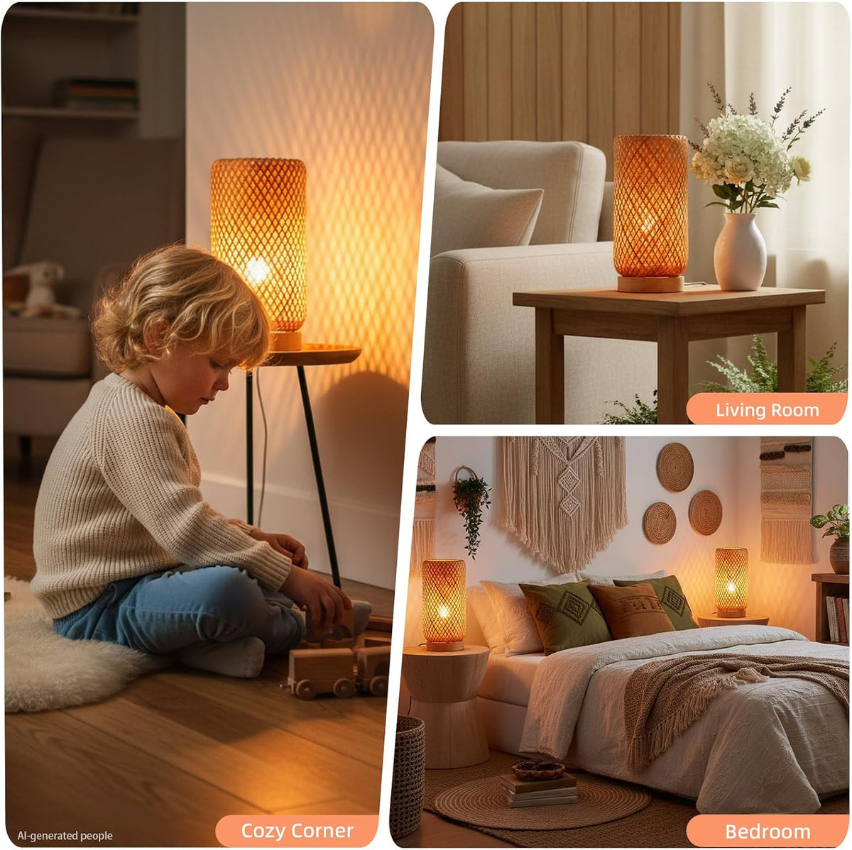Arturesthome Bamboo Desk Light Woven Boho Beside Lamp Vintage Wicker Wooden Nightstand Lamp for Living Room,Kids Room,Nursery Room Decor