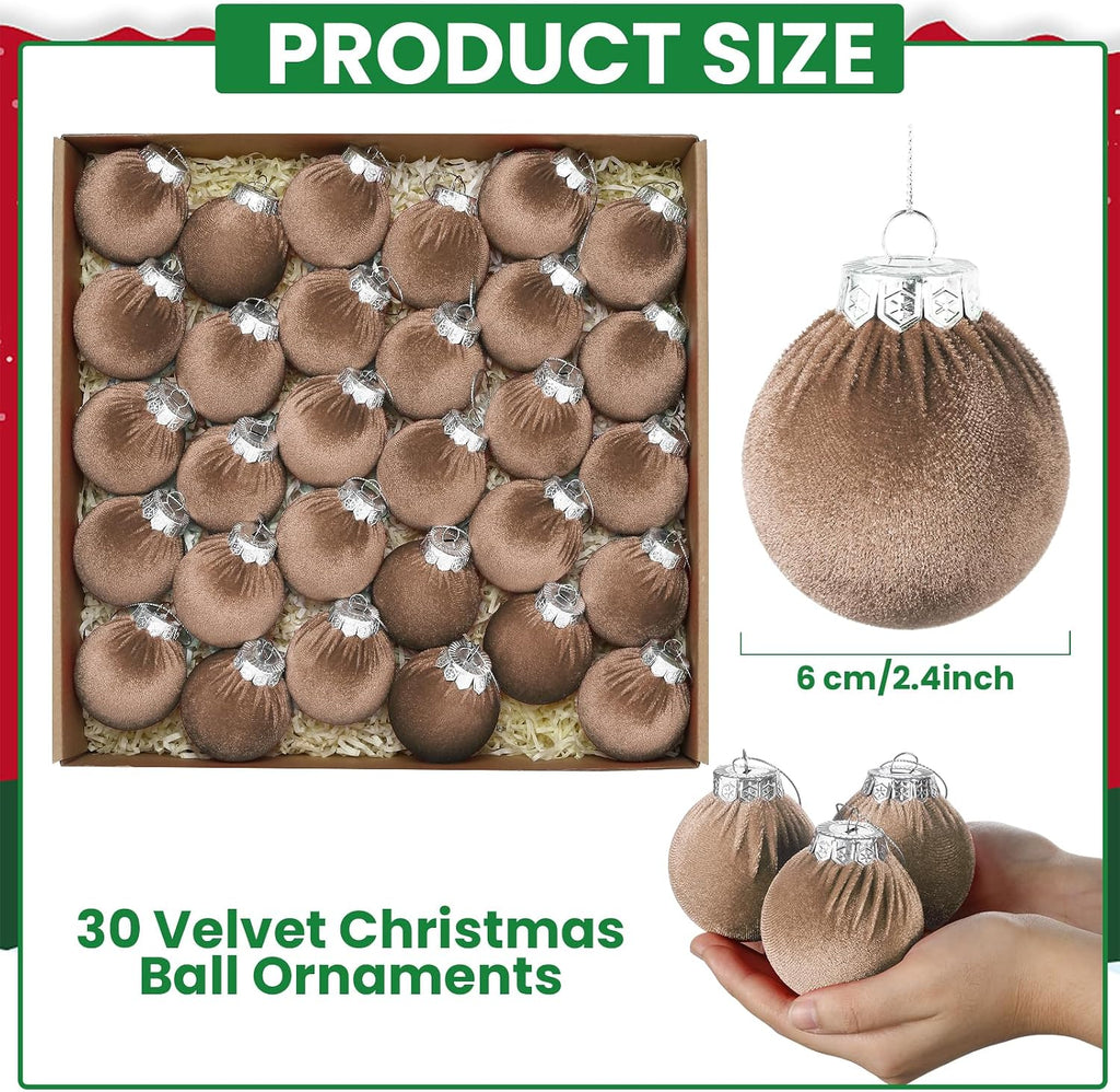 Velvet Christmas Balls Set 30pcs Champagne Velvet Christmas Tree Ornaments Shatterproof Xmas Hanging Balls Decorative Hanging for Xmas Holiday Family Home Store Indoor Decor 2.4inch