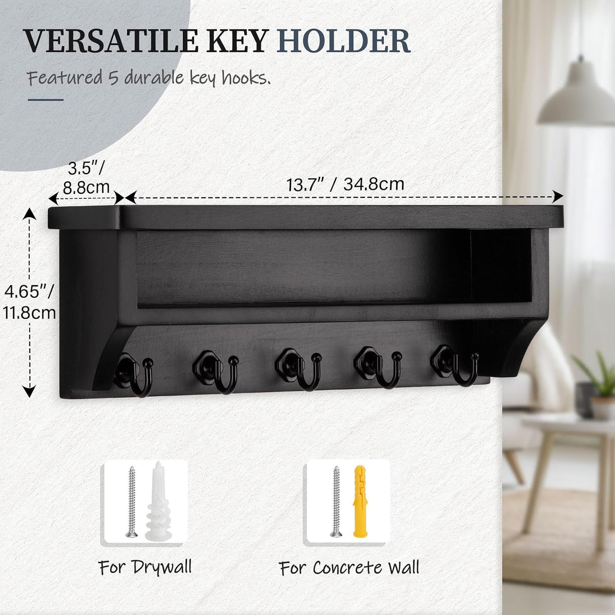 Nekon Key Holder Wall Mount, Wall Organizer Shelf with 5 Key Hooks
