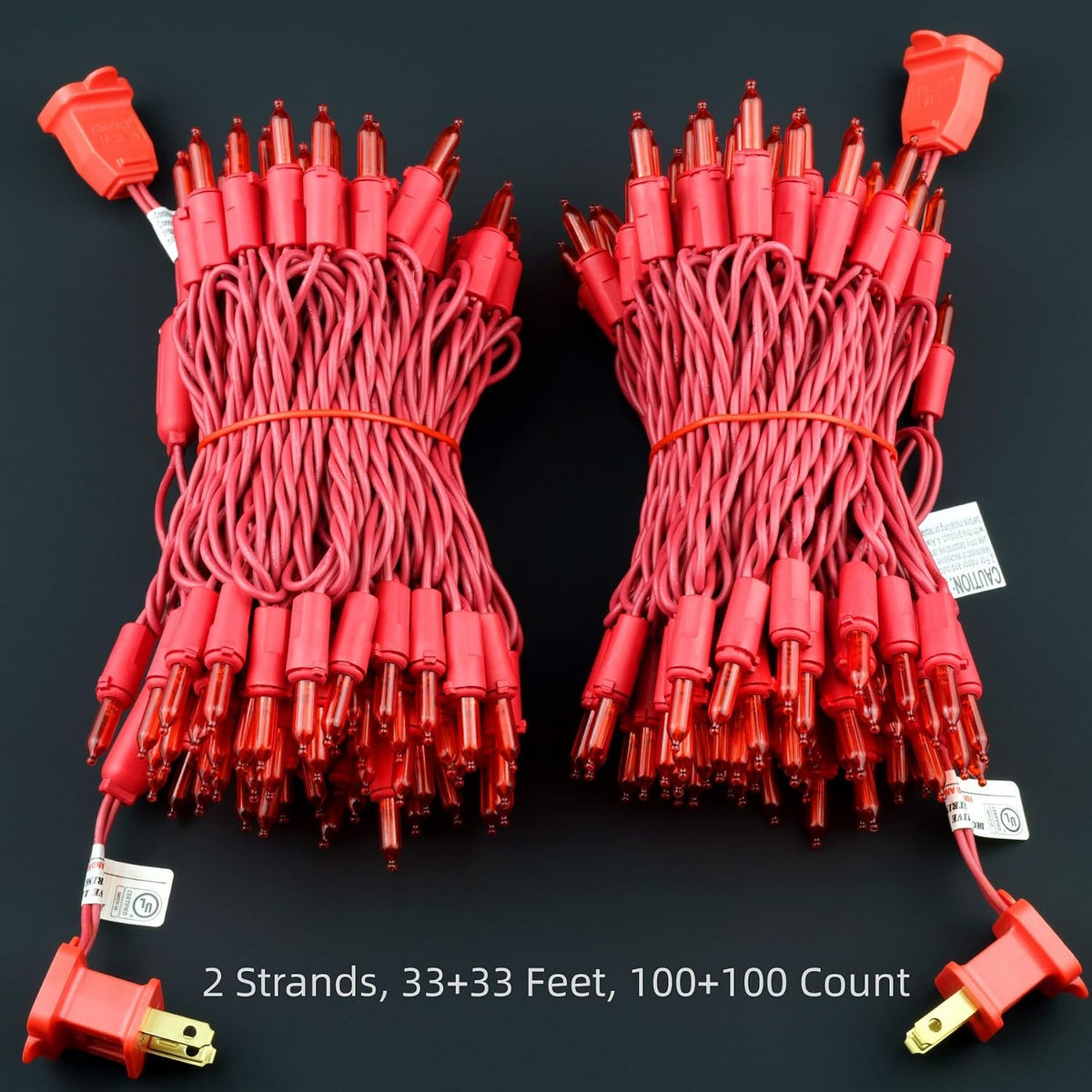 YULETIME 200 Red Christmas Lights, 2-Set 33' 100 LED Red Wire String Light