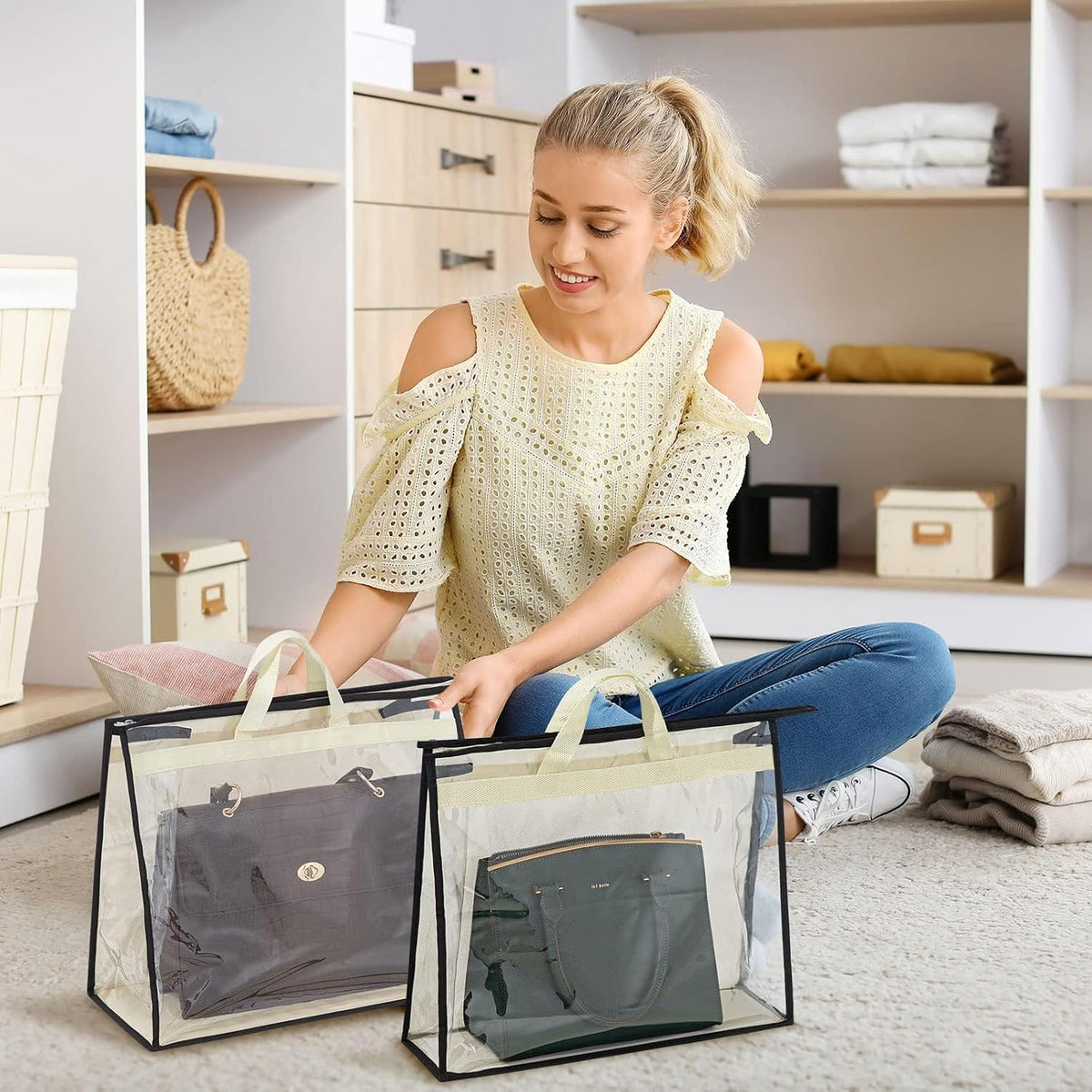 12 Packs Dust Bags for Handbags, Clear Handbag Storage, Purse Storage Organizer for Closet, Purse Cover Hanging Closet Organizer with Zipper and Handles