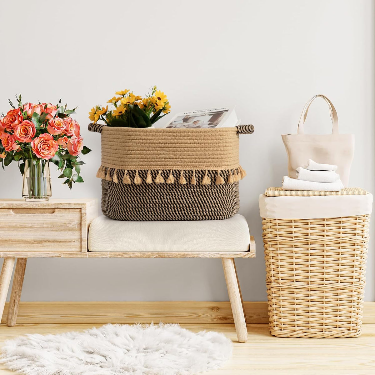 TeoKJ Set of 2 Baskets for Organizing, Decorative Rope Baskets for Storage, Storage for Pets, books, Pillows, Toys & Cloths, Black & Jute