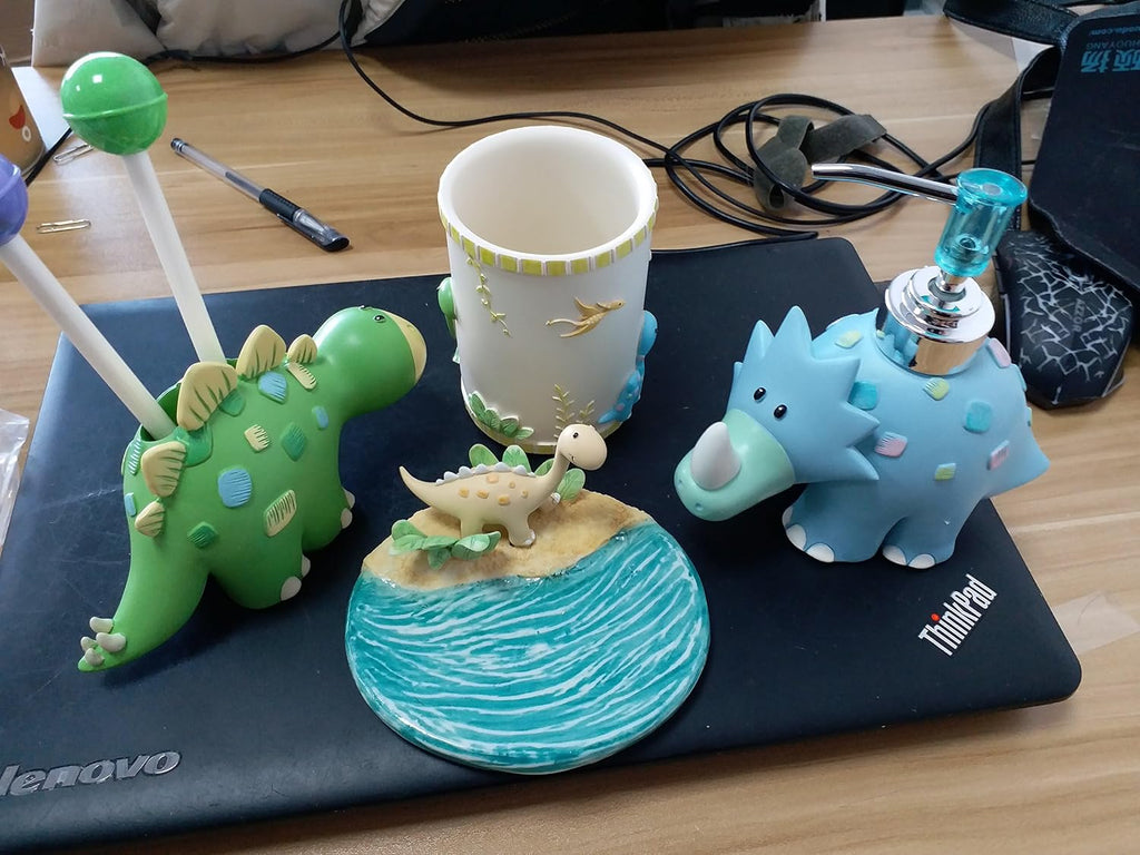 Wendin Cartoon Series Bath Accessory Set, Soap Dispenser Pump, Toothbrush Holder, Tumbler, Soap Dish Resin Art Color Decoration (Dinosaur 4 pcs)