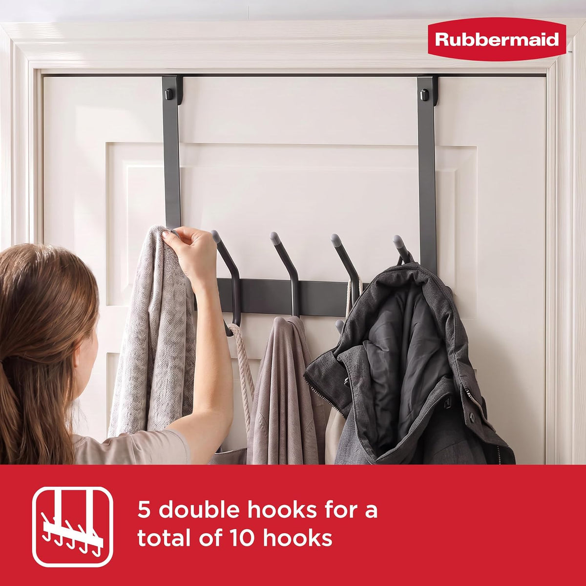 Rubbermaid Over the Door Hook Rack with 5 Double Hooks, No Drill Needed, for Towels, Robes, Hanging Accessories in Bathroom, Bedroom, Closet, Dorm, Gray