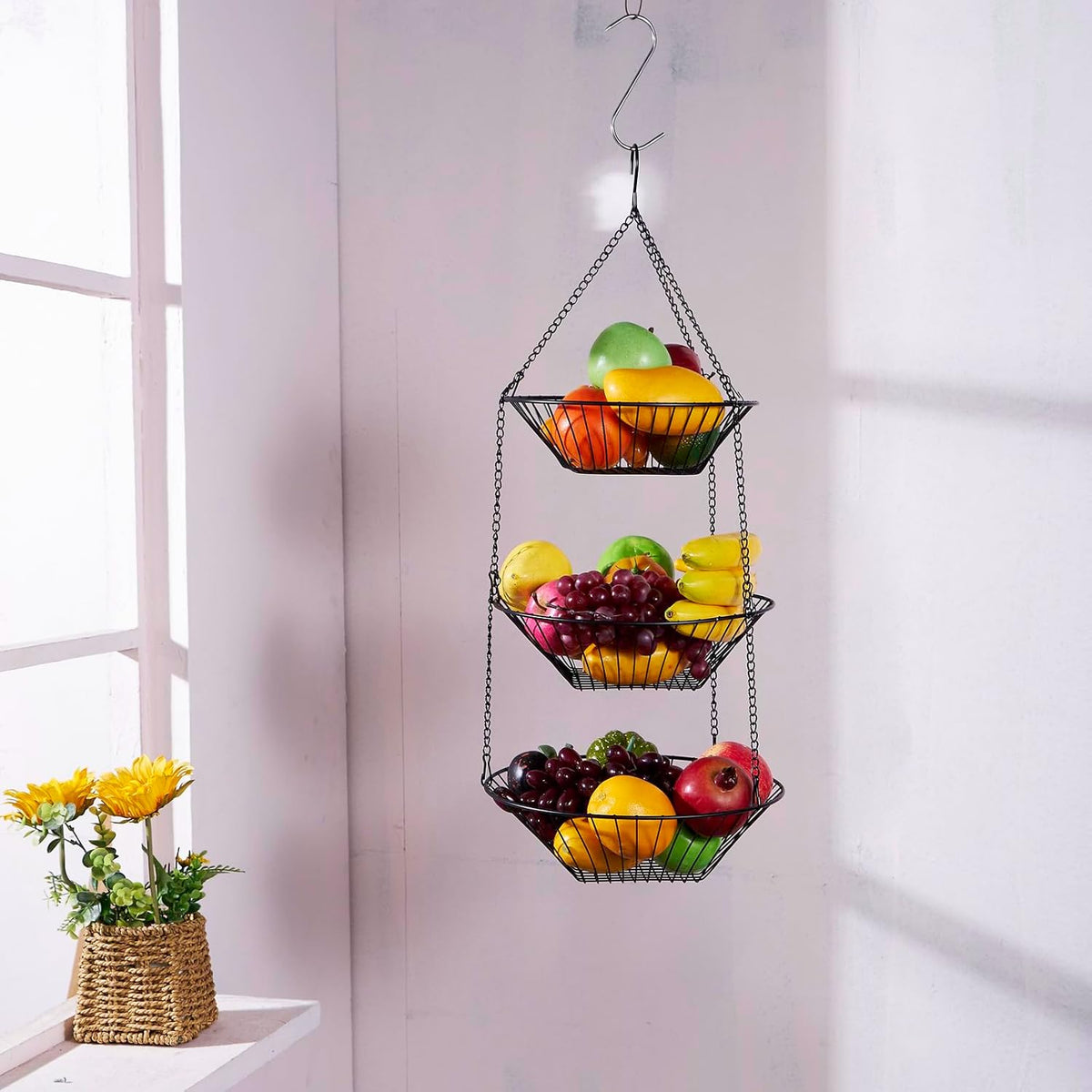 JUNCHU CHERRY 3-Tier Wire Fruit Hanging Basket 2 Packs,non-Punching Wall Hanging Storage,Kitchen Bathroom Organization Basket,Suitable for Bathroom,Kitchen,Closet,Garden,Black