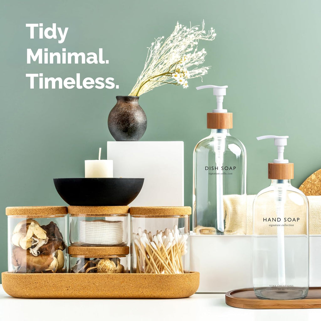 Vine Creations Clear Glass Soap Dispenser Set, Hand Soap and Dish Soap Dispenser Set with Bamboo Tray, 16 oz Glass Dispensers Bottle for Kitchen and Bathroom Decor Modern Boho with Bamboo Pump (Clear)