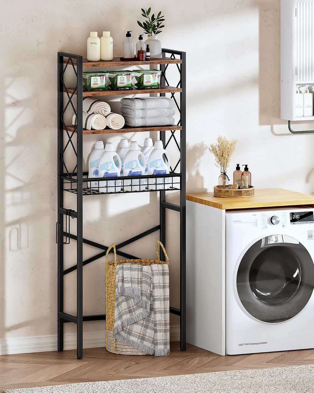 CHOEZON Over The Toilet Storage Rack, 4-Tier Bathroom Organizer Shelf, Over Toilet Storage with Wire Basket and Toilet Paper Holder, Adjustable Shelves, for Bathroom, Rustic Brown and Black TTS03BF
