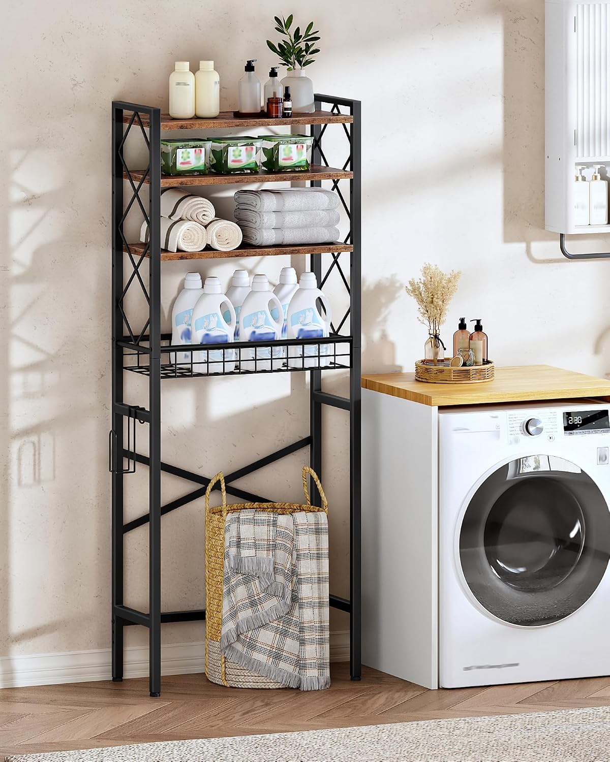 CHOEZON Over The Toilet Storage Rack, 4-Tier Bathroom Organizer Shelf, Over Toilet Storage with Wire Basket and Toilet Paper Holder, Adjustable Shelves, for Bathroom, Rustic Brown and Black TTS03BF
