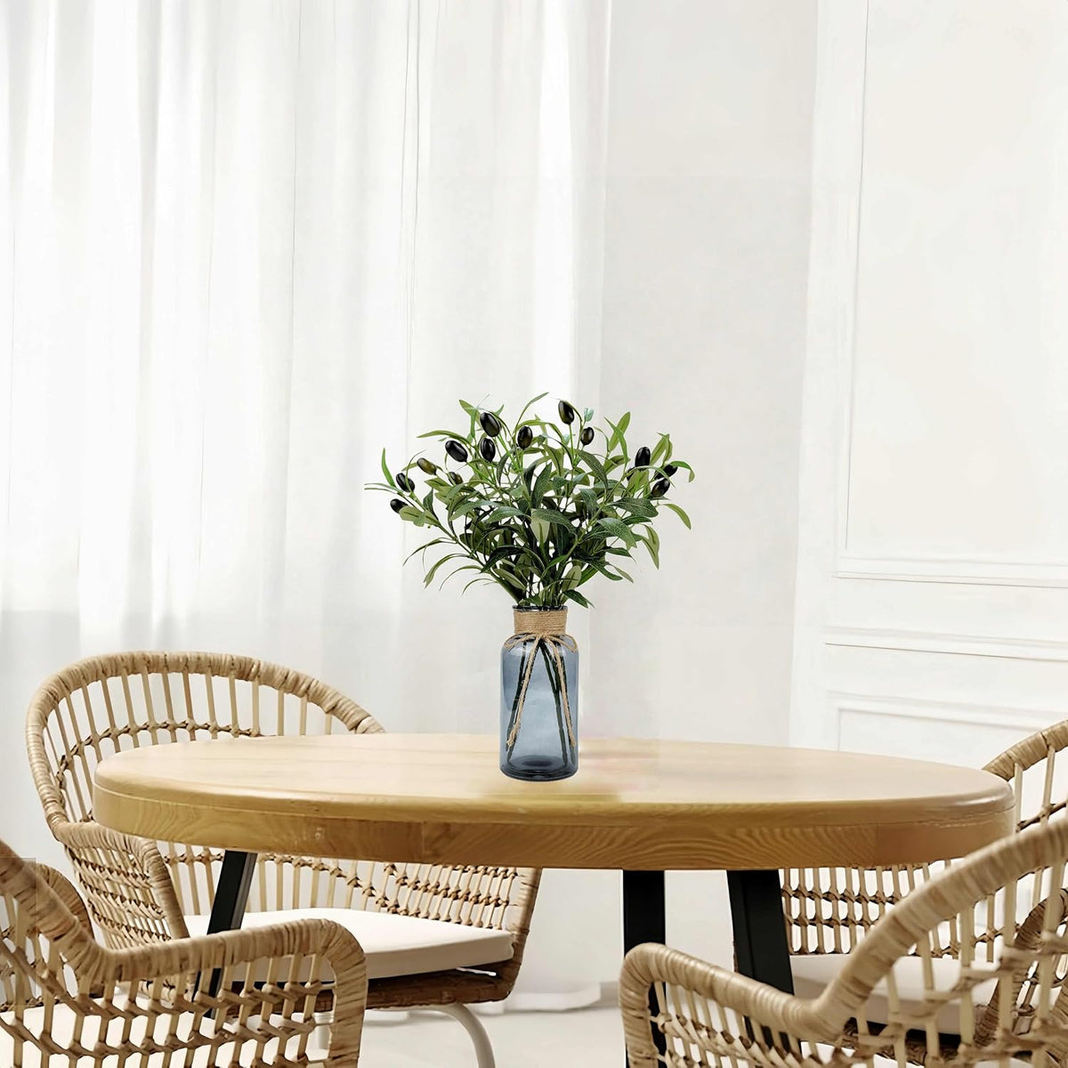Artificial Plants Olive Branch in Glass Vase, 14.5” Fake Plant Greenery Stems with Olive Branches Faux Eucalyptus Stems for Home Office Farmhouse Wedding Table Centerpiece Décor, Gray Vase
