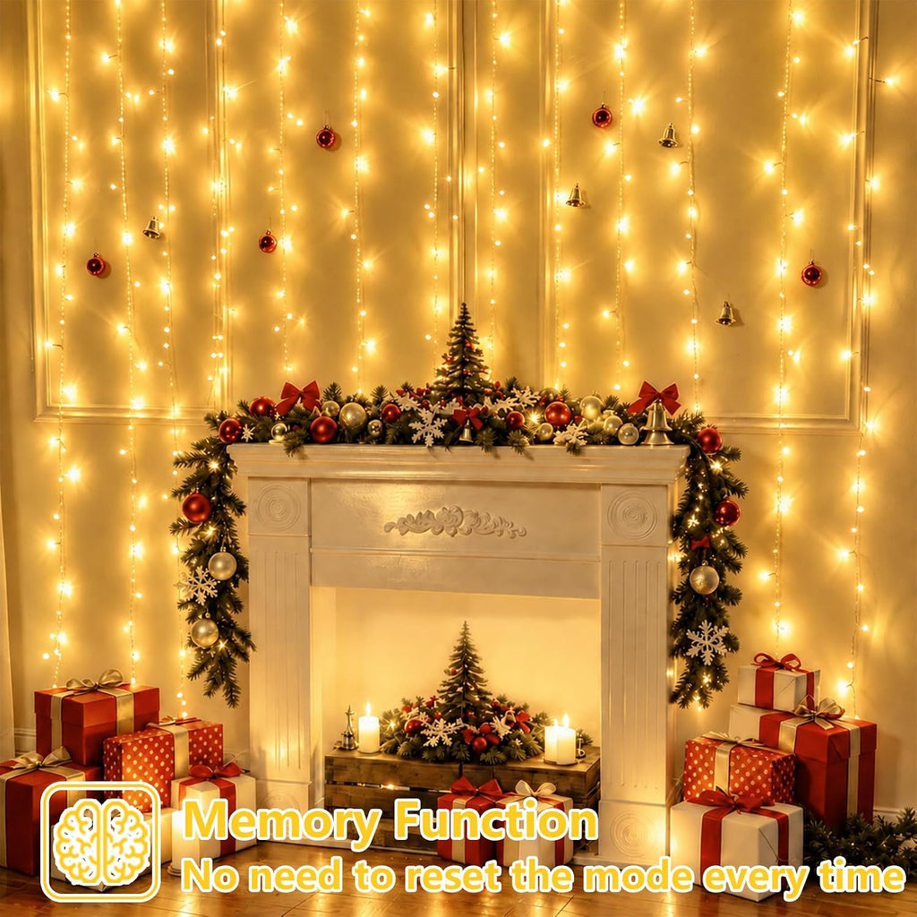 YEGUO 300 LED Warm White Christmas Lights, Curtain Lights Plug in, 8 Modes Hanging String Lights for Bedroom Wall Window Backdrop Indoor Outdoor Party Xmas Decorations-9.8x9.8ft