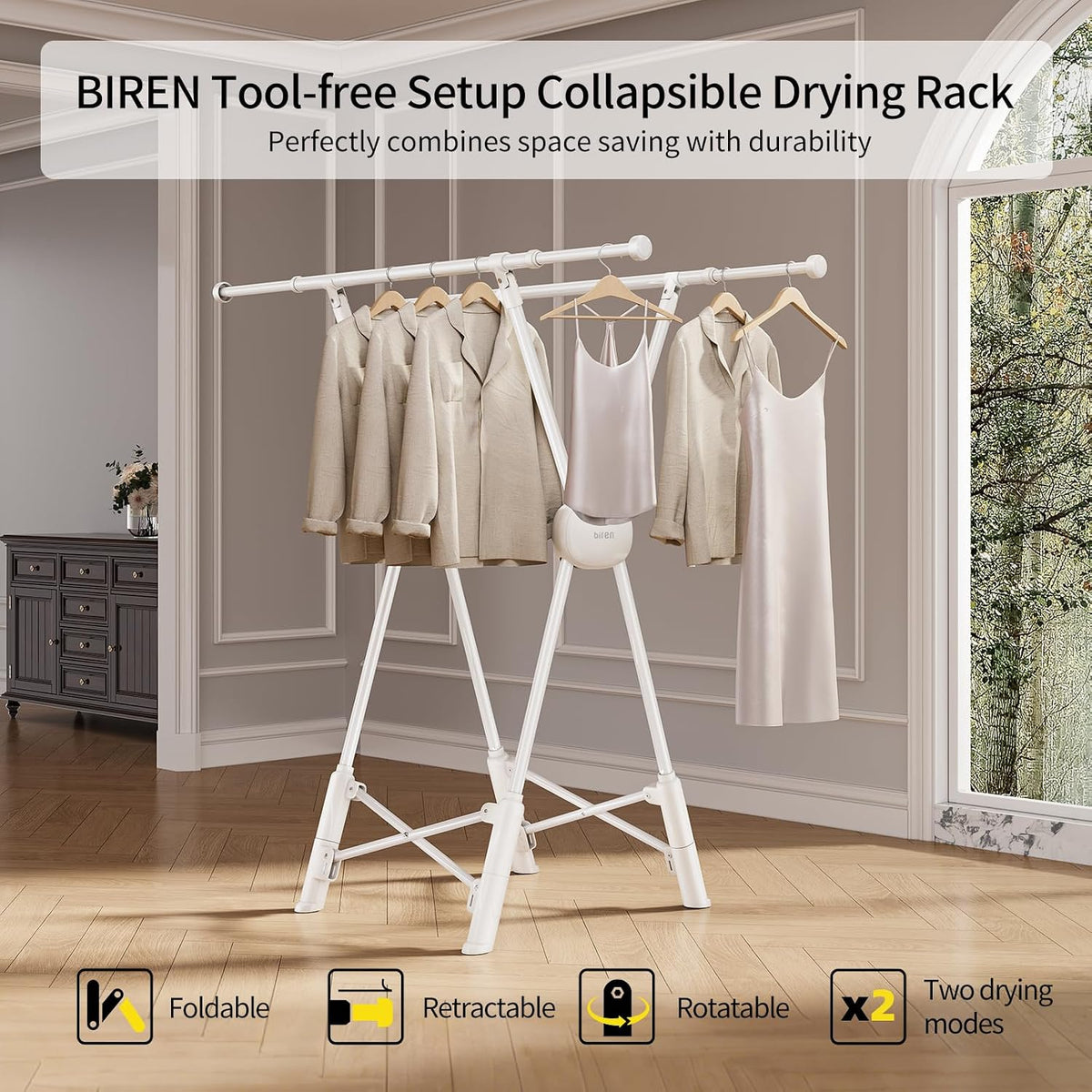 BIREN Clothes Drying Rack Heavy Duty Clothing Racks Foldable Laundry Rack Two Drying Modes Garment Racks for Drying Clothes, Adjustable Length from 32-55 Inches for Indoor Outdoor Use