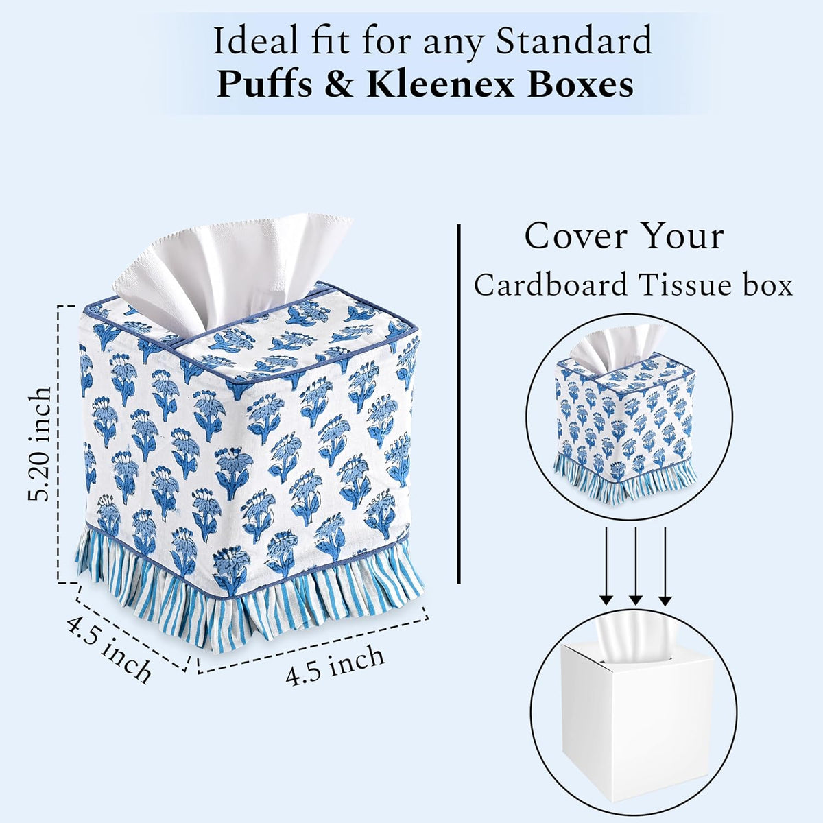 CPC 100% Cotton Ruffle Block Print Tissue Box Cover, Apatite Blue