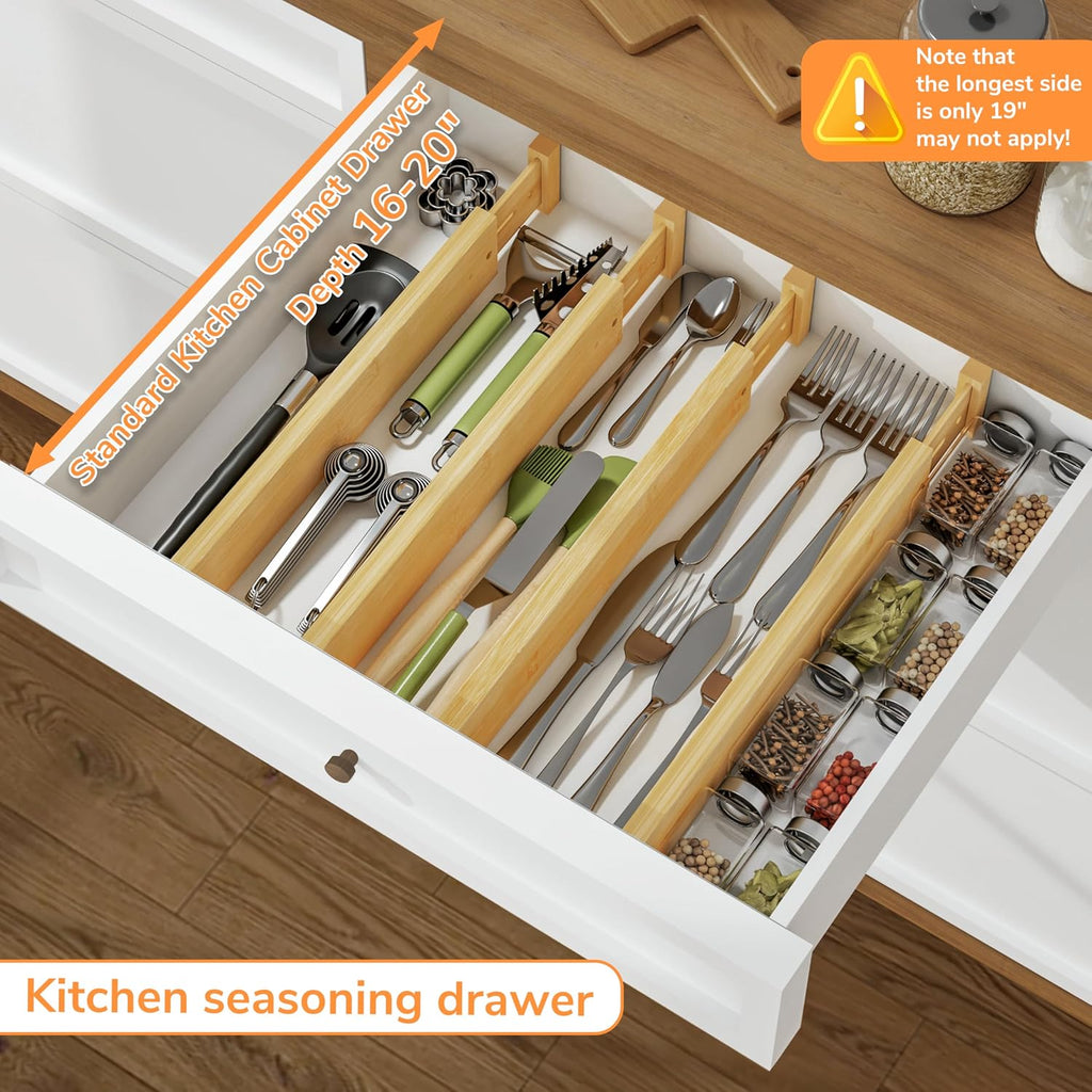 BAMEOS Bamboo Expandable Drawer Dividers – Fits 13.3"–19" Drawers, 2" High, Set of 4 | Spring-Loaded Bamboo Separator for Kitchen Island, Bathroom Vanity & Dresser Drawers