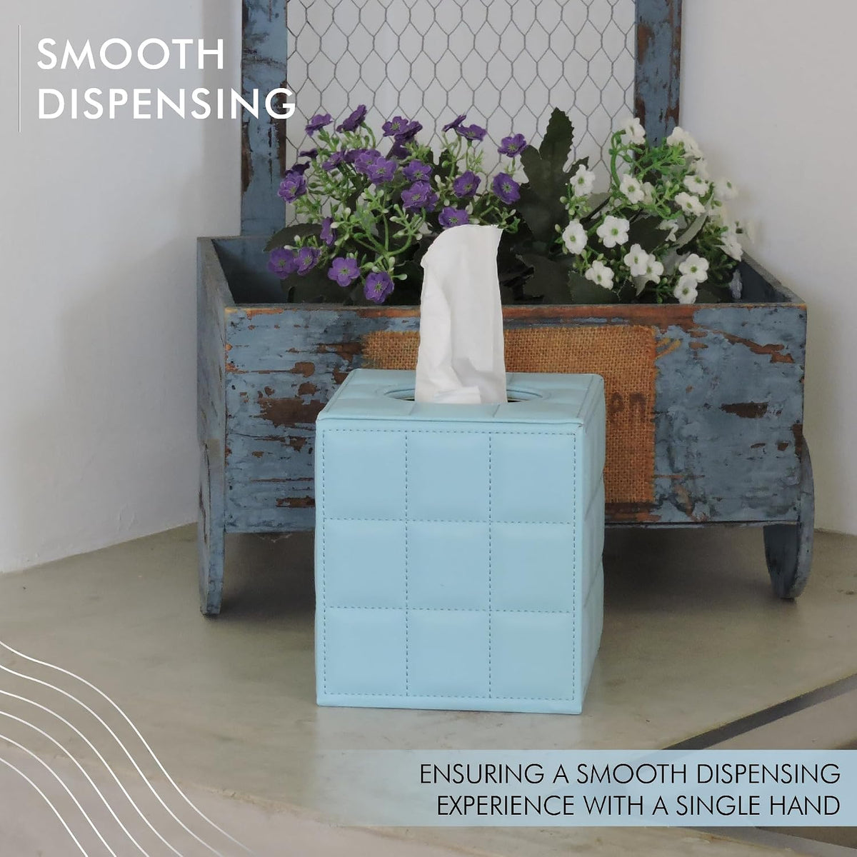 Luxury 5 Star Hotel Style Tissue Box Cover - Sturdy and Stylish Tissue Box Holder with a Custom Height and Modern PU Leather Exterior, 13.5x13.5x15cm - Light Blue
