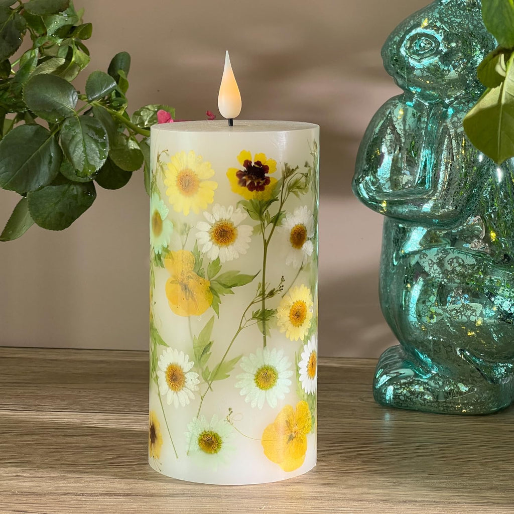 Spring Flameless Candles 3"x6" Real Wax LED Pillar Candles Real Daisy Floral Battery Operated with Remote Timer Flickering Candles Decor for Easter Mothers Day Home Table Mantel Indoor Decor