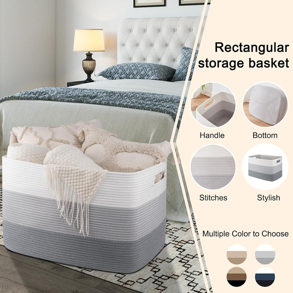 OIAHOMY 118L Extra Large Blanket Basket Cotton Rope Storage Basket Grey